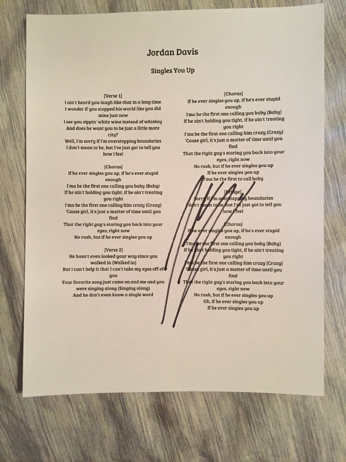 Jordan Davis Signed Autographed Singles You Up Lyric Sheet Authentic Proof 3
