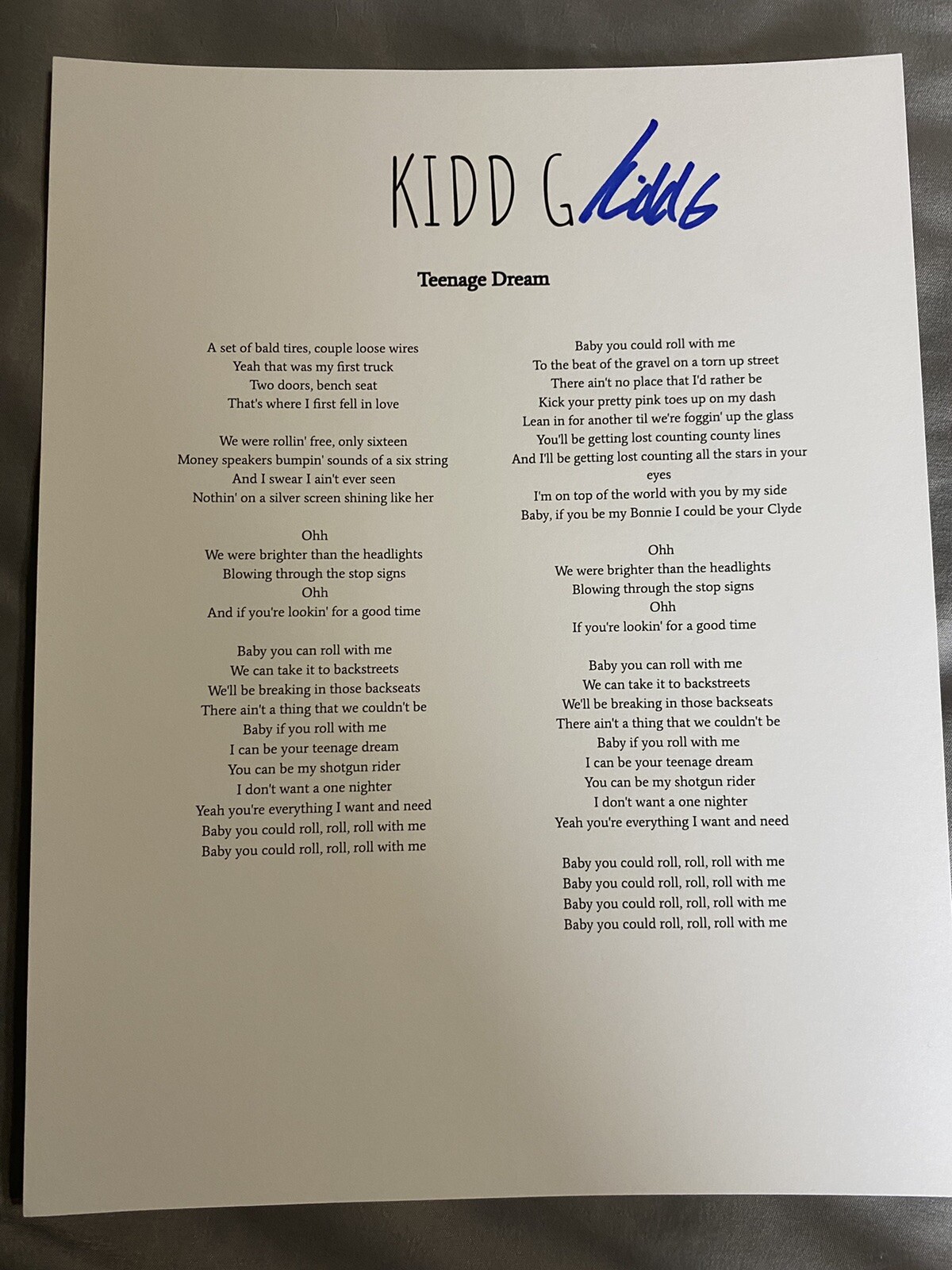 Kidd G signed autograph Lyric Sheet Teenage Dream young country star RARE PROOF
