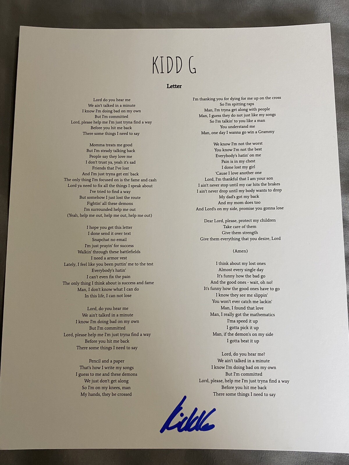 Kidd G signed autograph Lyric Sheet Letter young country star RARE PROOF
