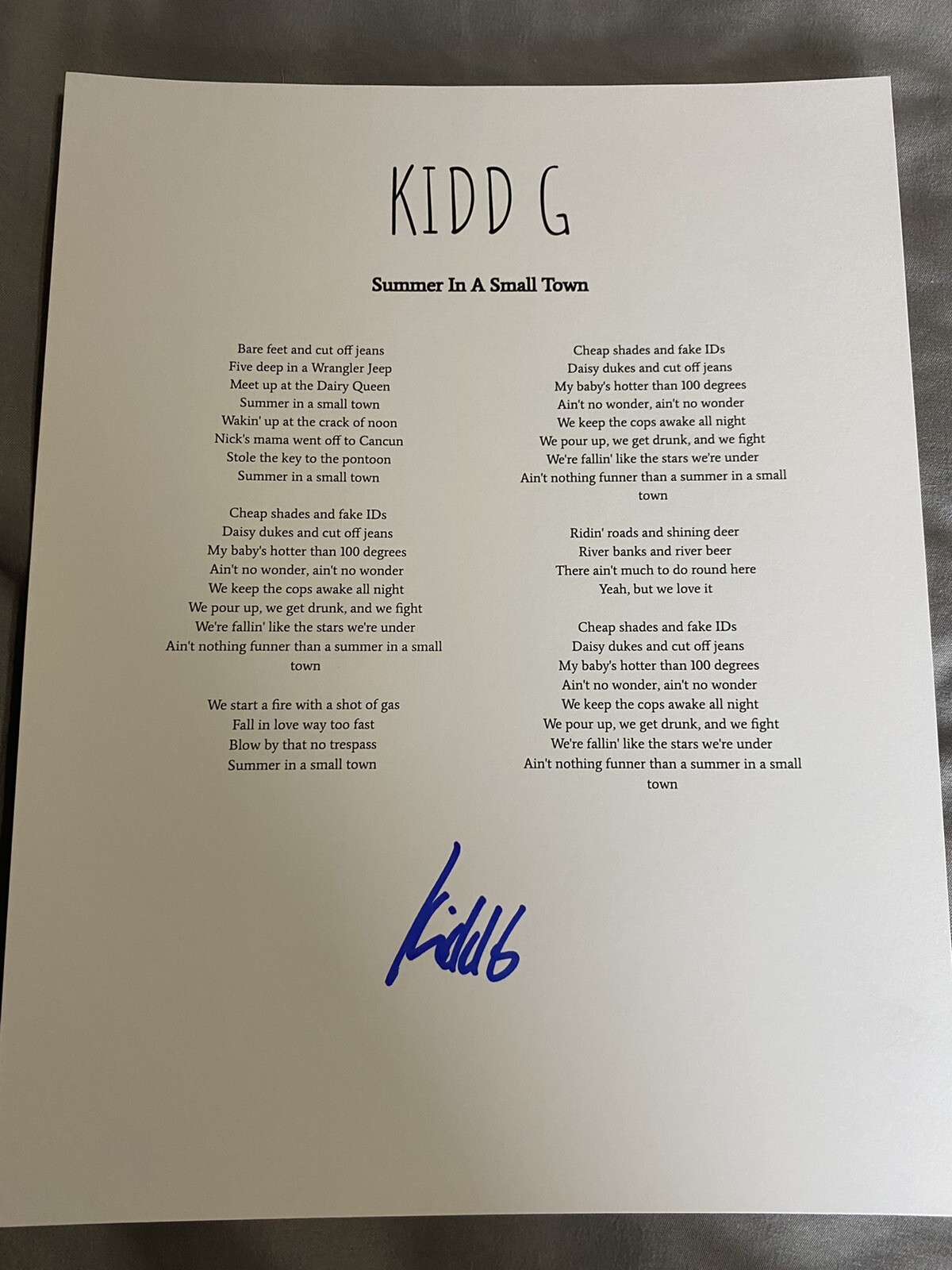 Kidd G signed autograph Lyric Sheet Summer In A Small Town young star RARE PROOF

