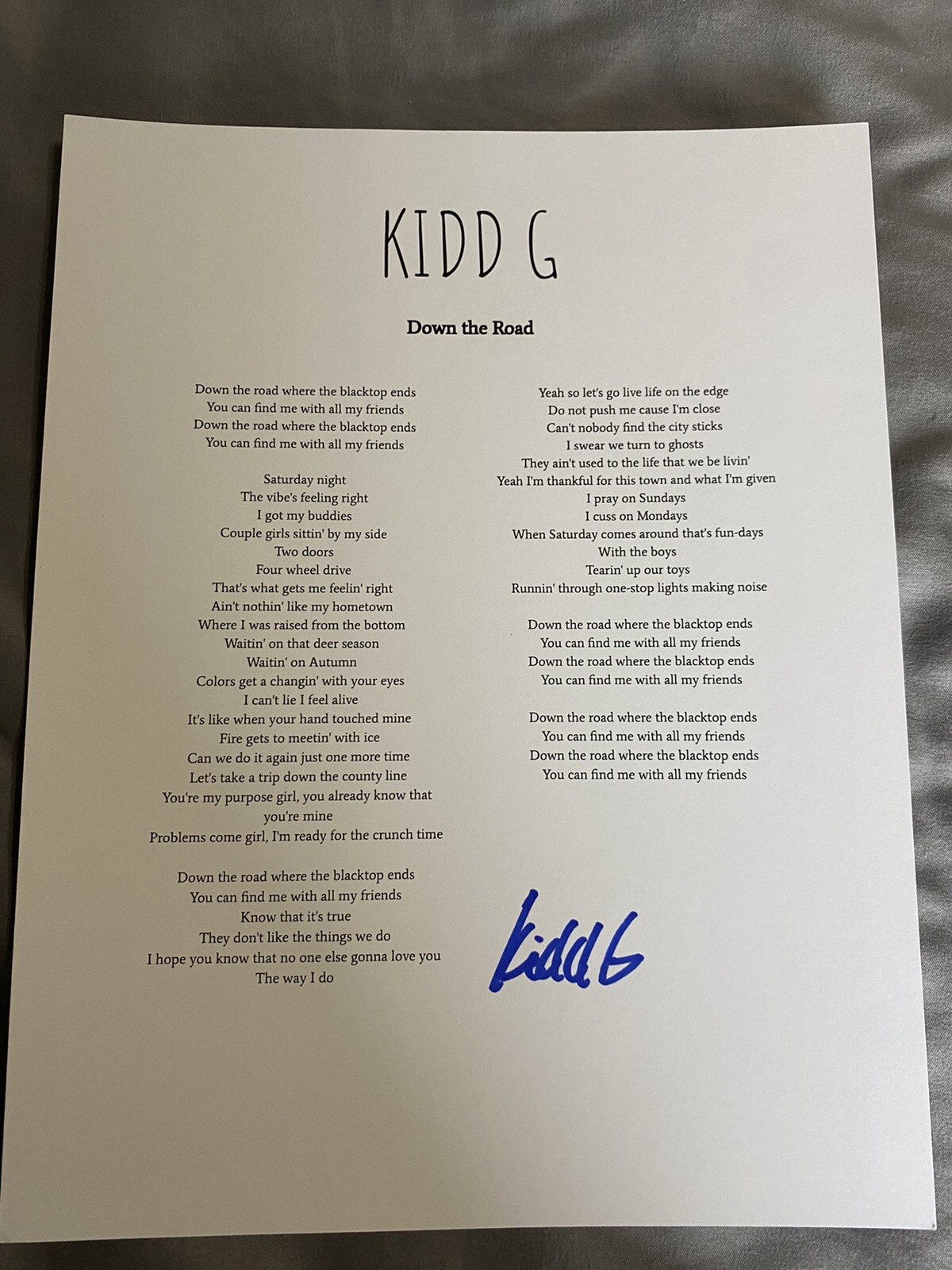 Kidd G signed autograph Lyric Sheet Down The Road young star RARE PROOF
