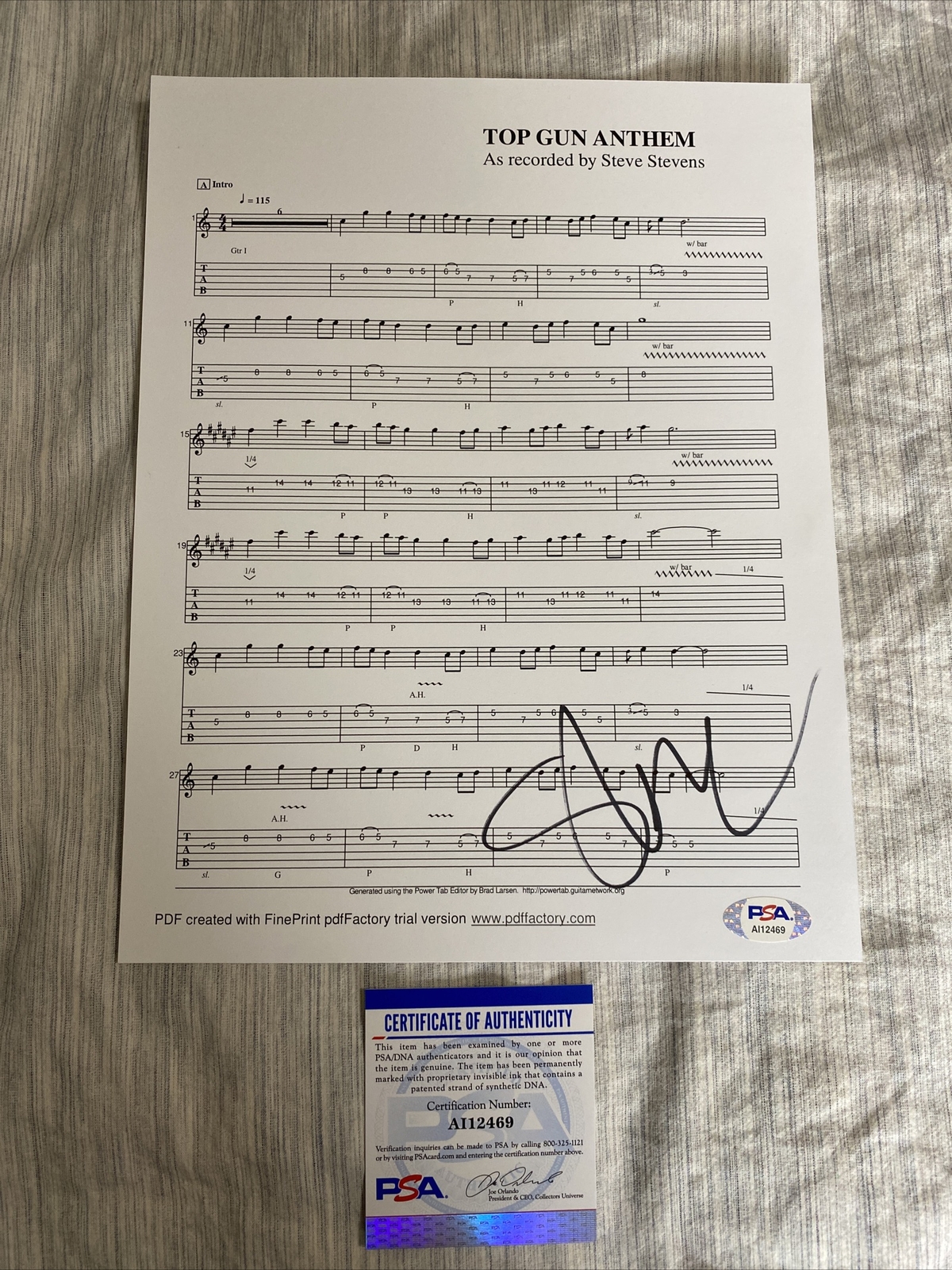 Steve Stevens Signed Autographed Top Gun Anthem Lyric Sheet Billy Idol PSA COA
