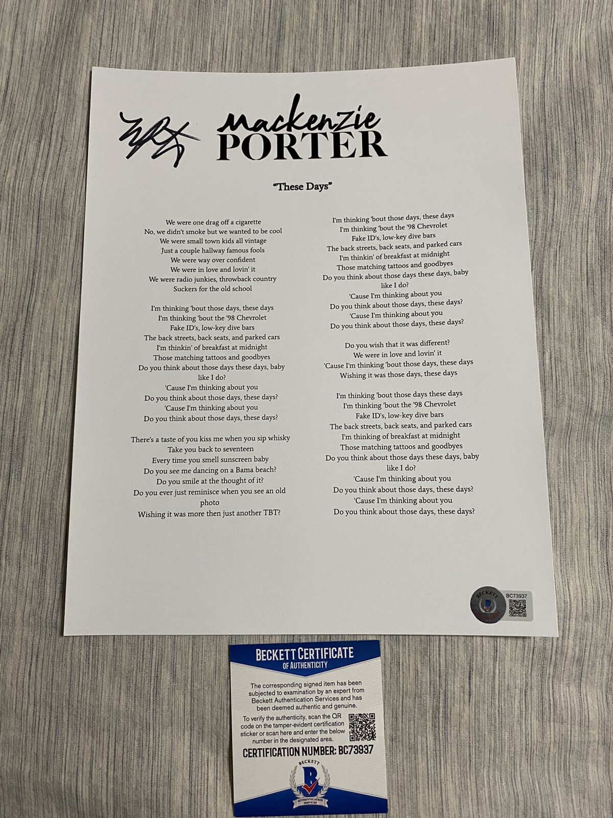 Mackenzie Porter signed autographed These Days Lyric sheet Beckett coa
