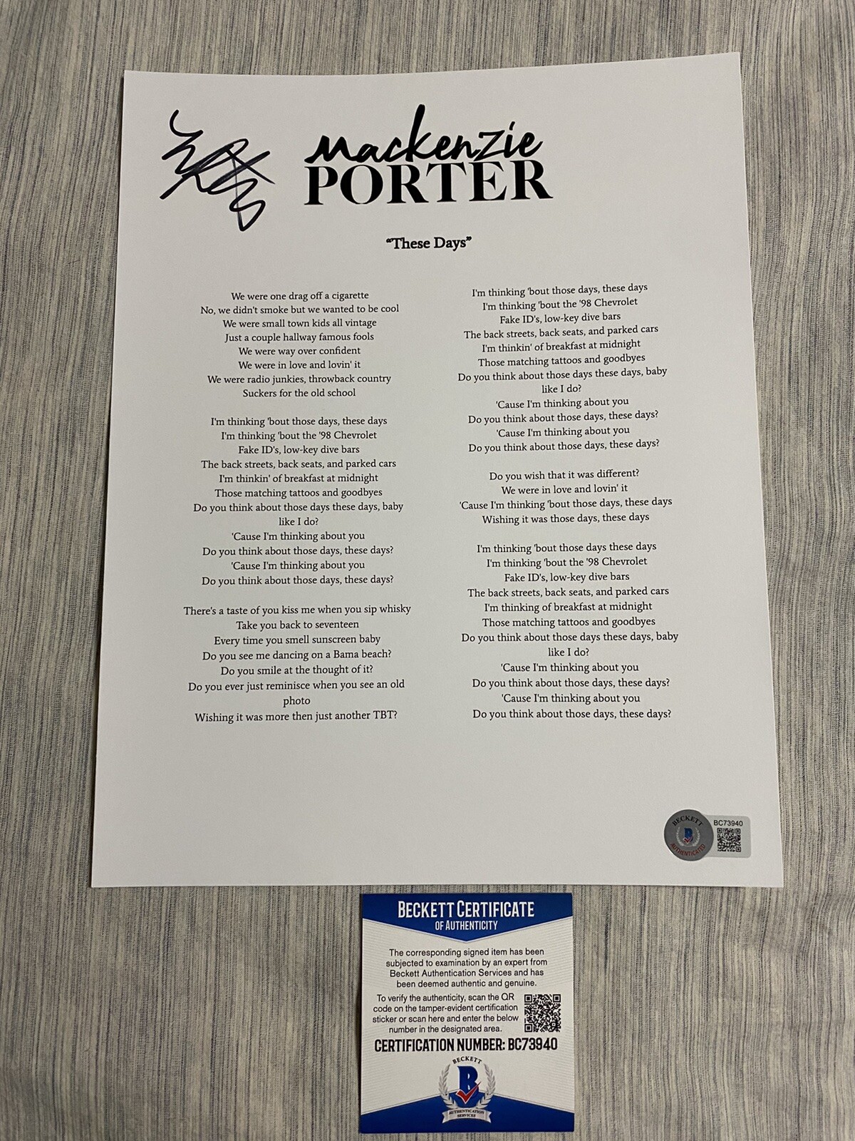 Mackenzie Porter signed autographed These Days Lyric sheet Beckett coa
