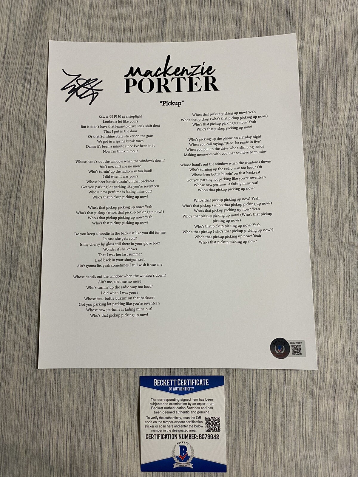 Mackenzie Porter signed autographed Pickup Lyric sheet Beckett coa
