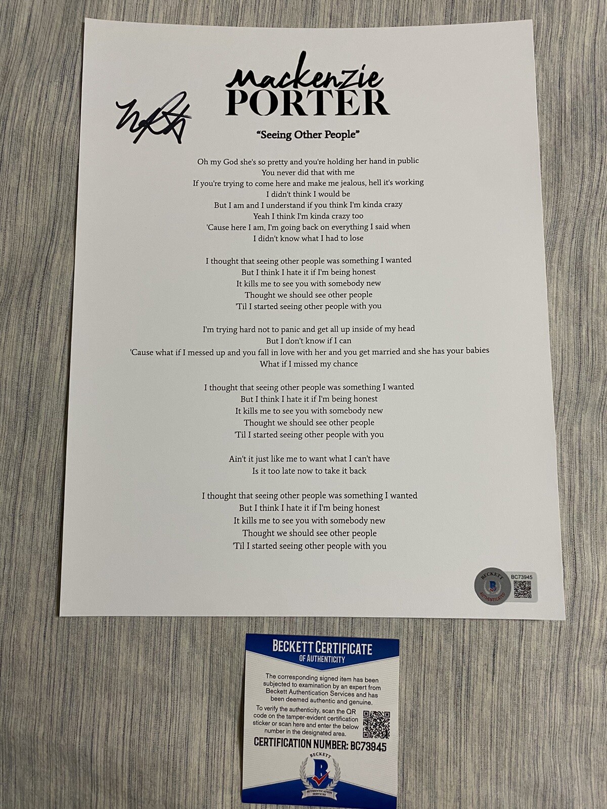 Mackenzie Porter signed autographed Seeing Other People Lyric sheet Beckett coa
