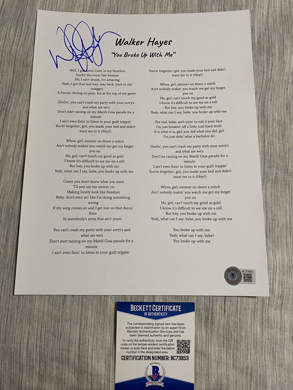 Walker Hayes signed autographed lyric sheet You Broke Up With Me Beckett COA
