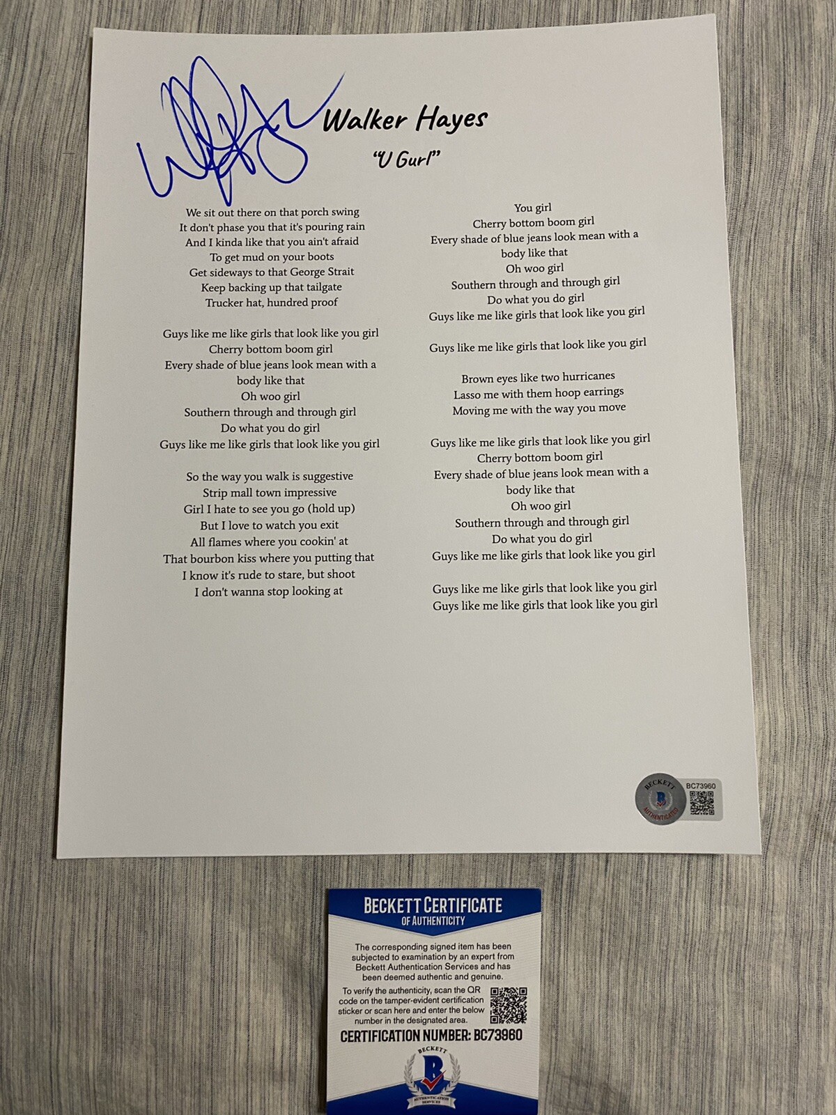 Walker Hayes signed autographed lyric sheet U Girl Beckett COA Country Star
