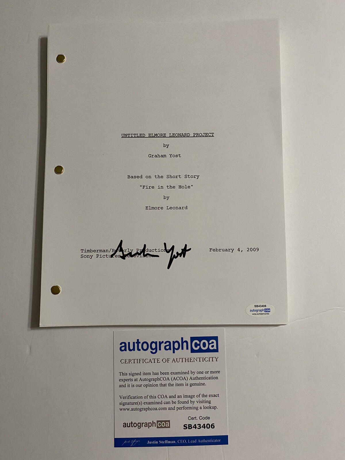 Graham Yost signed autographed Justified full pilot script ACOA Creator
