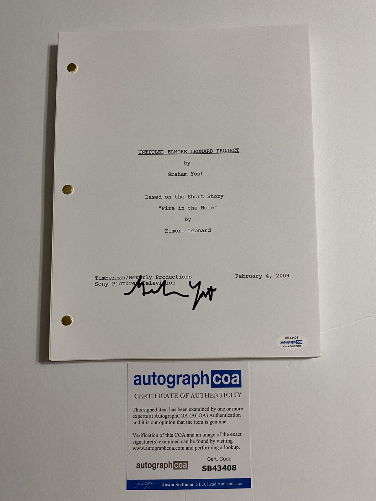 Graham Yost signed autographed Justified full pilot script ACOA Creator
