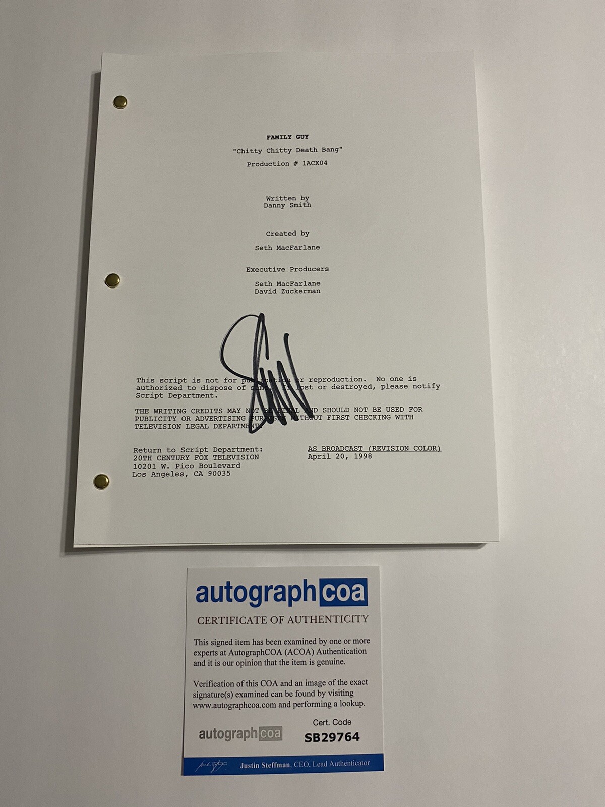 Seth Green Signed Autograph ‘FAMILY Guy’ Chitty Chitty Death Full Script ACOA

