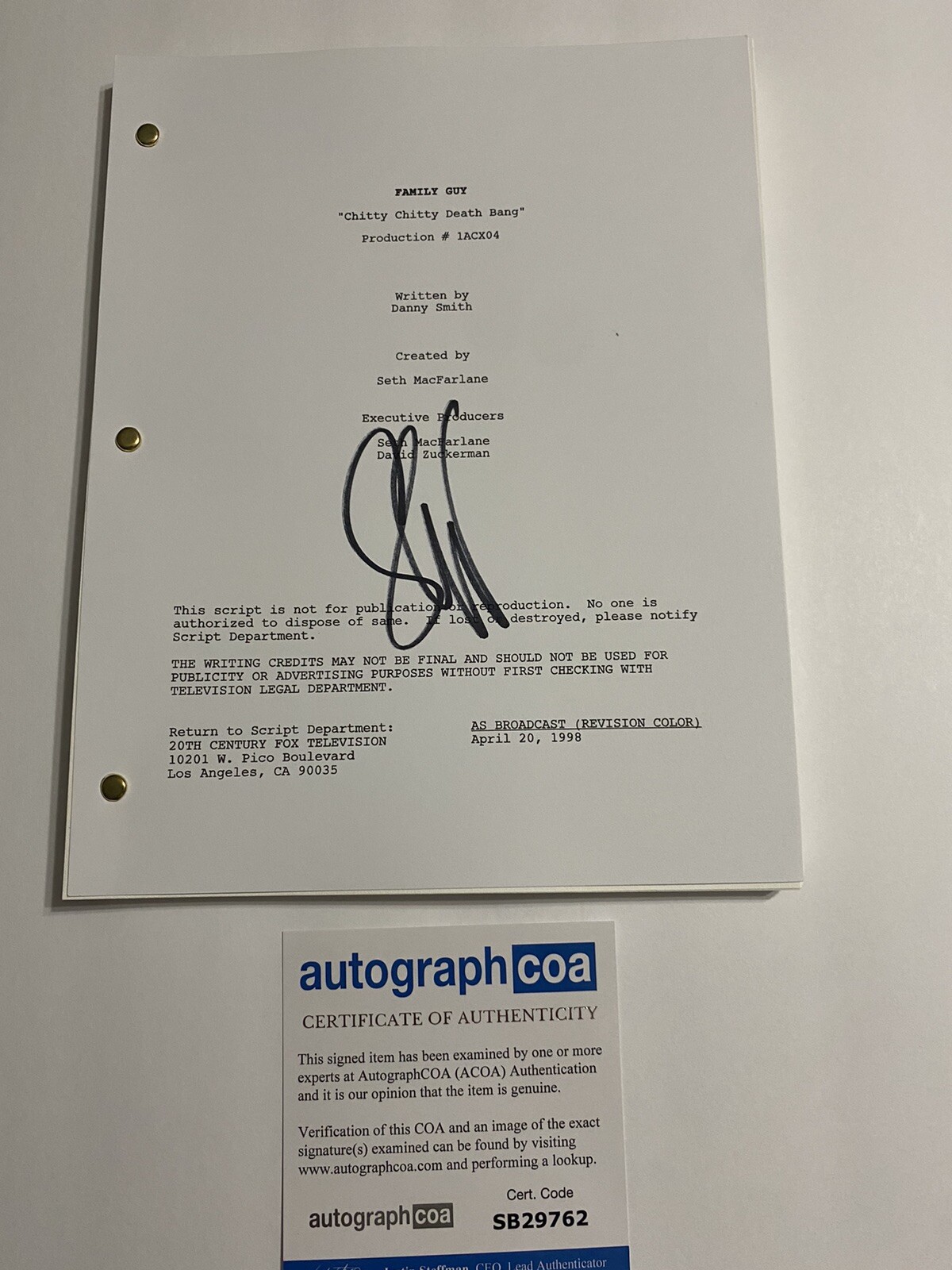 Seth Green Signed Autograph ‘FAMILY Guy’ Chitty Chitty Death Full Script ACOA

