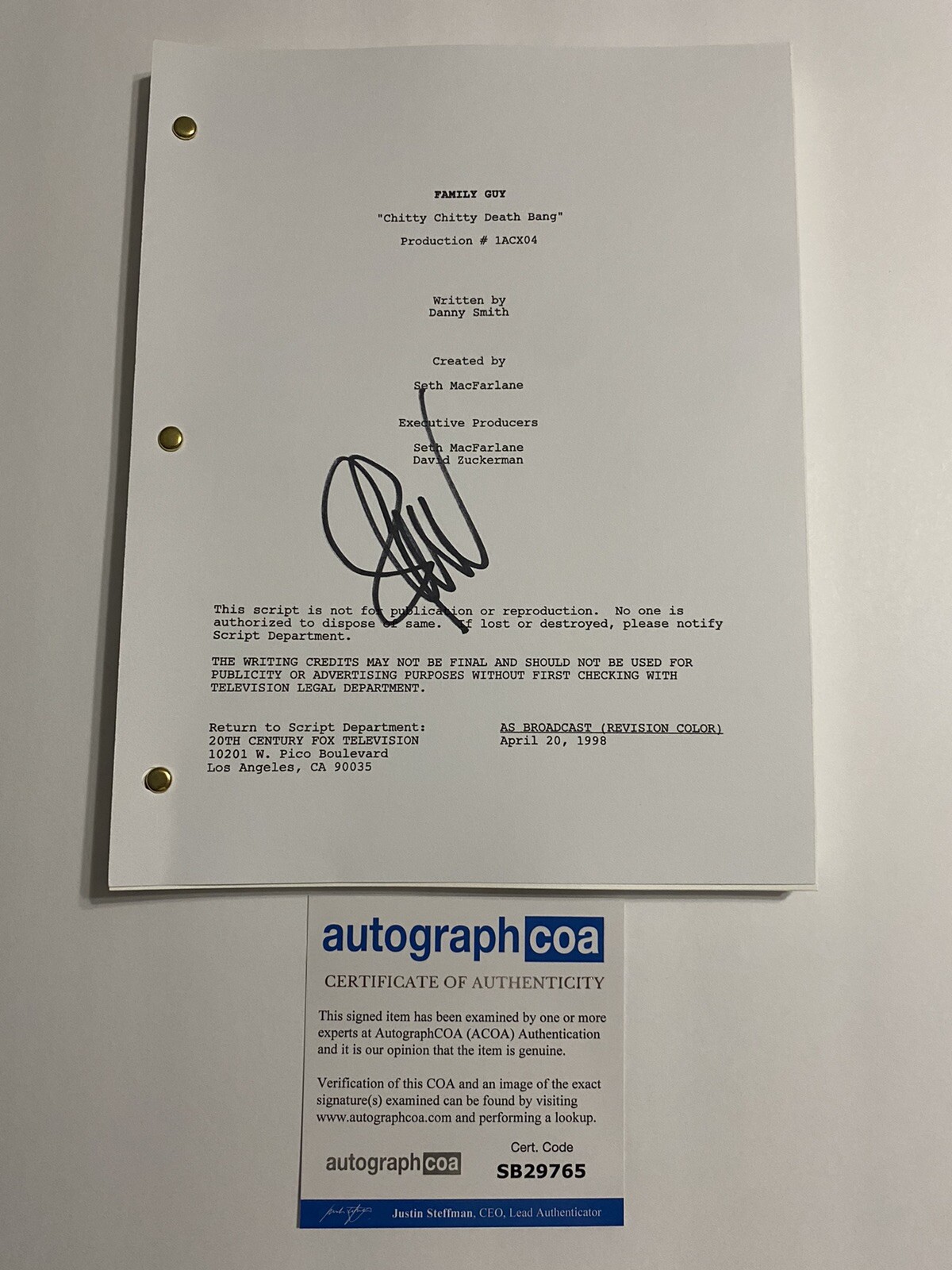 Seth Green Signed Autograph ‘FAMILY Guy’ Chitty Chitty Death Full Script ACOA
