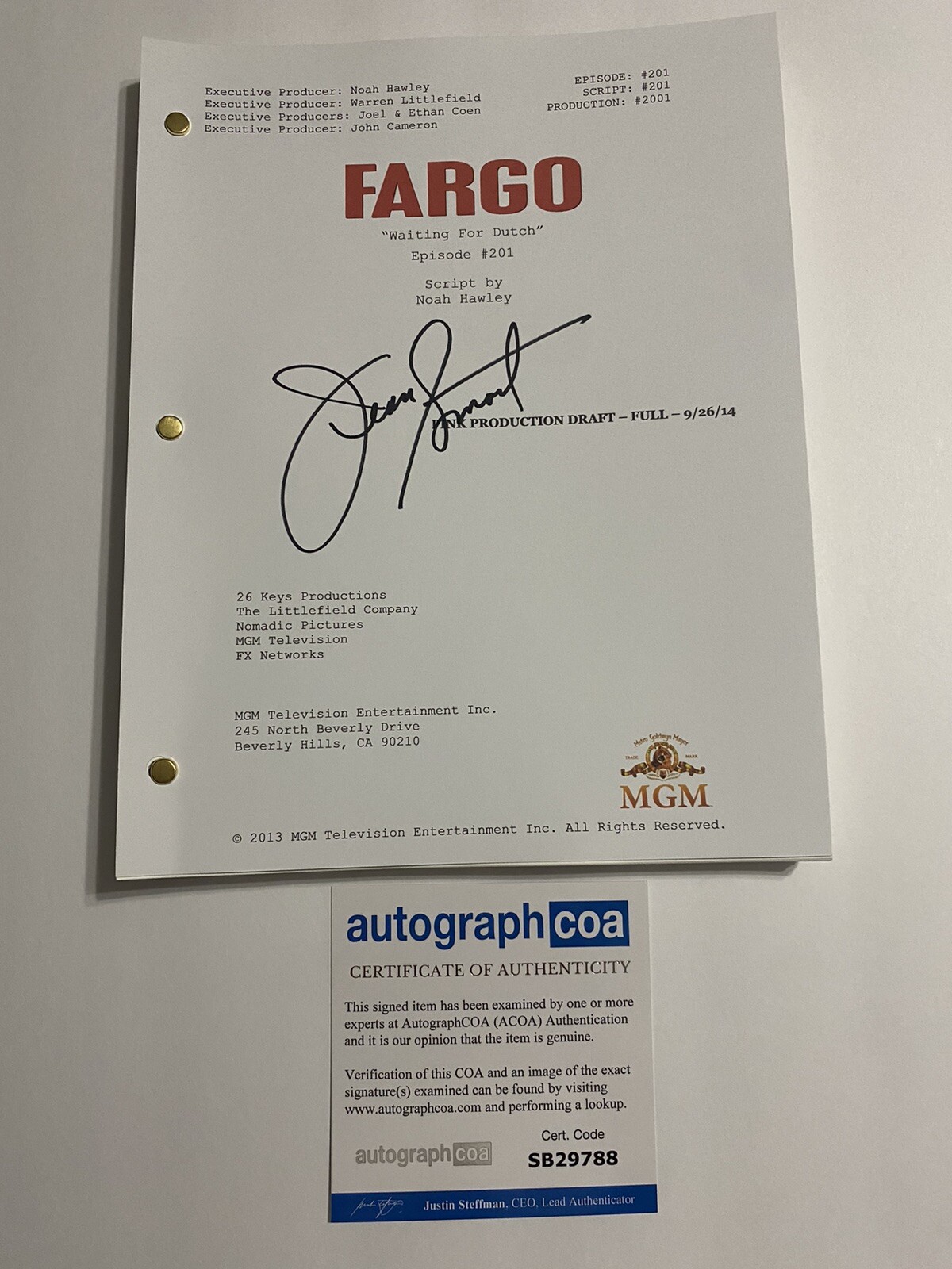 JEAN SMART SIGNED AUTOGRAPH ‘FARGO’ Full SCRIPT ACOA
