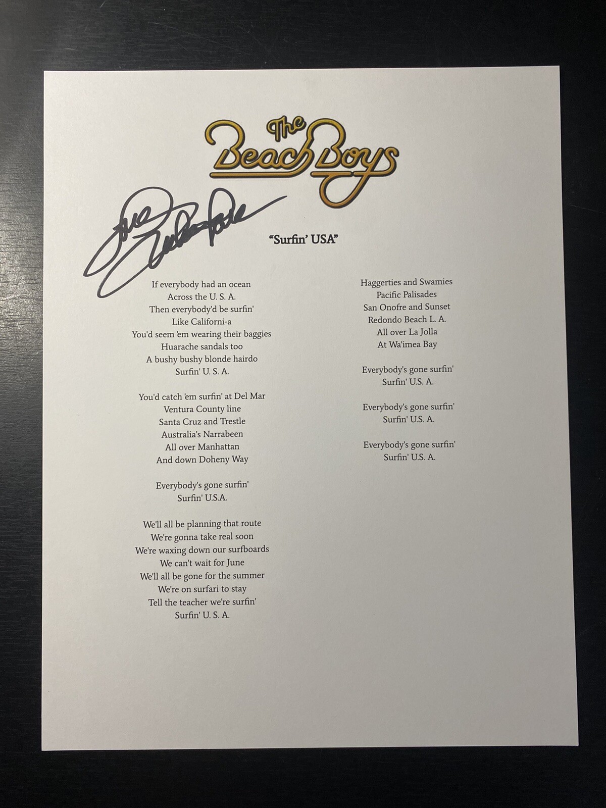 Mike Love signed Beach Boys ‘Surfin USA’ Lyrics sheet autograhed Proof
