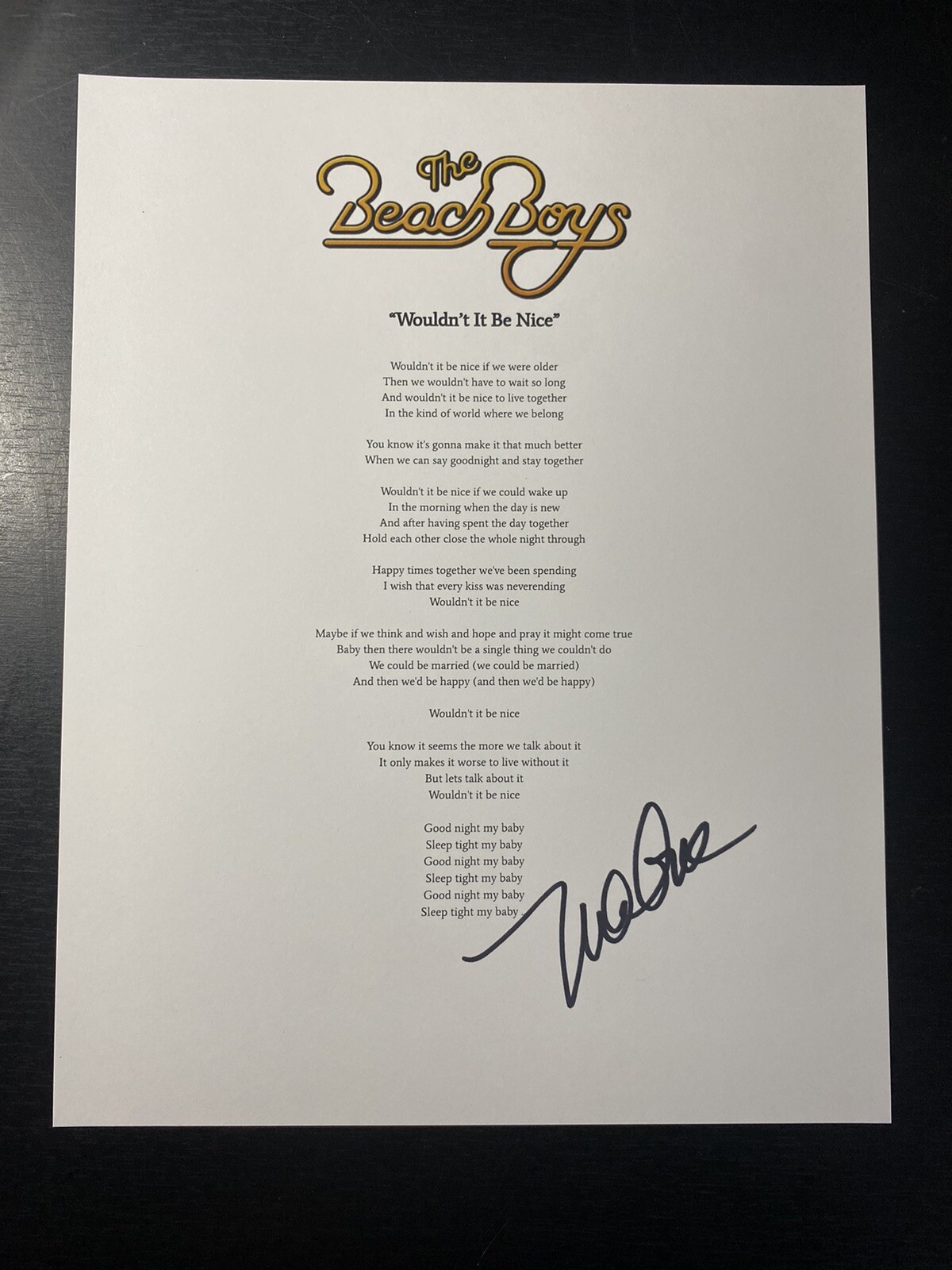 Mike Love signed Beach Boys ‘Wouldn’t It Be Nice’ Lyrics sheet autograhed Proof
