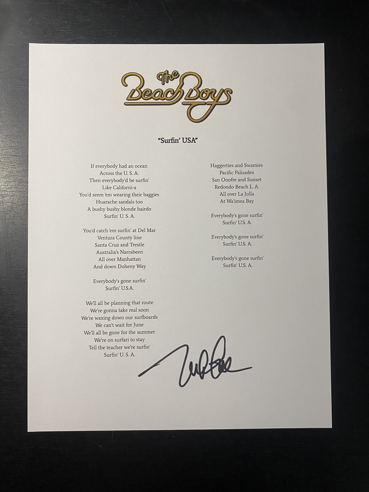 MIKE LOVE SIGNED BEACH BOYS ‘SURFIN USA’ LYRICS SHEET AUTOGRAHED PROOF COLLECTIBLE MEMORABILIA