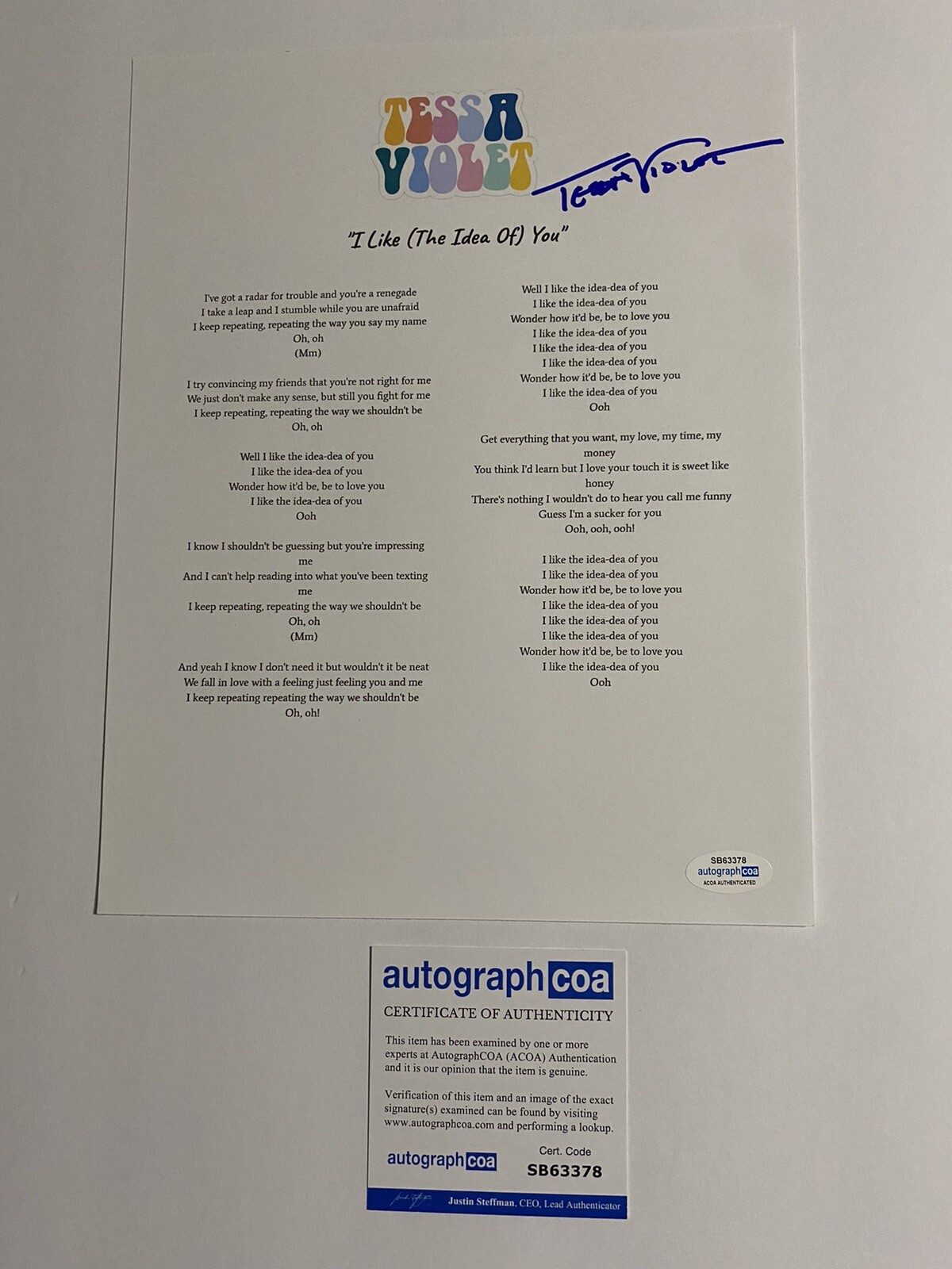 Tessa Violet pop singer signed auto Lyric sheet ‘I Like The Idea Of You’ ACOA
