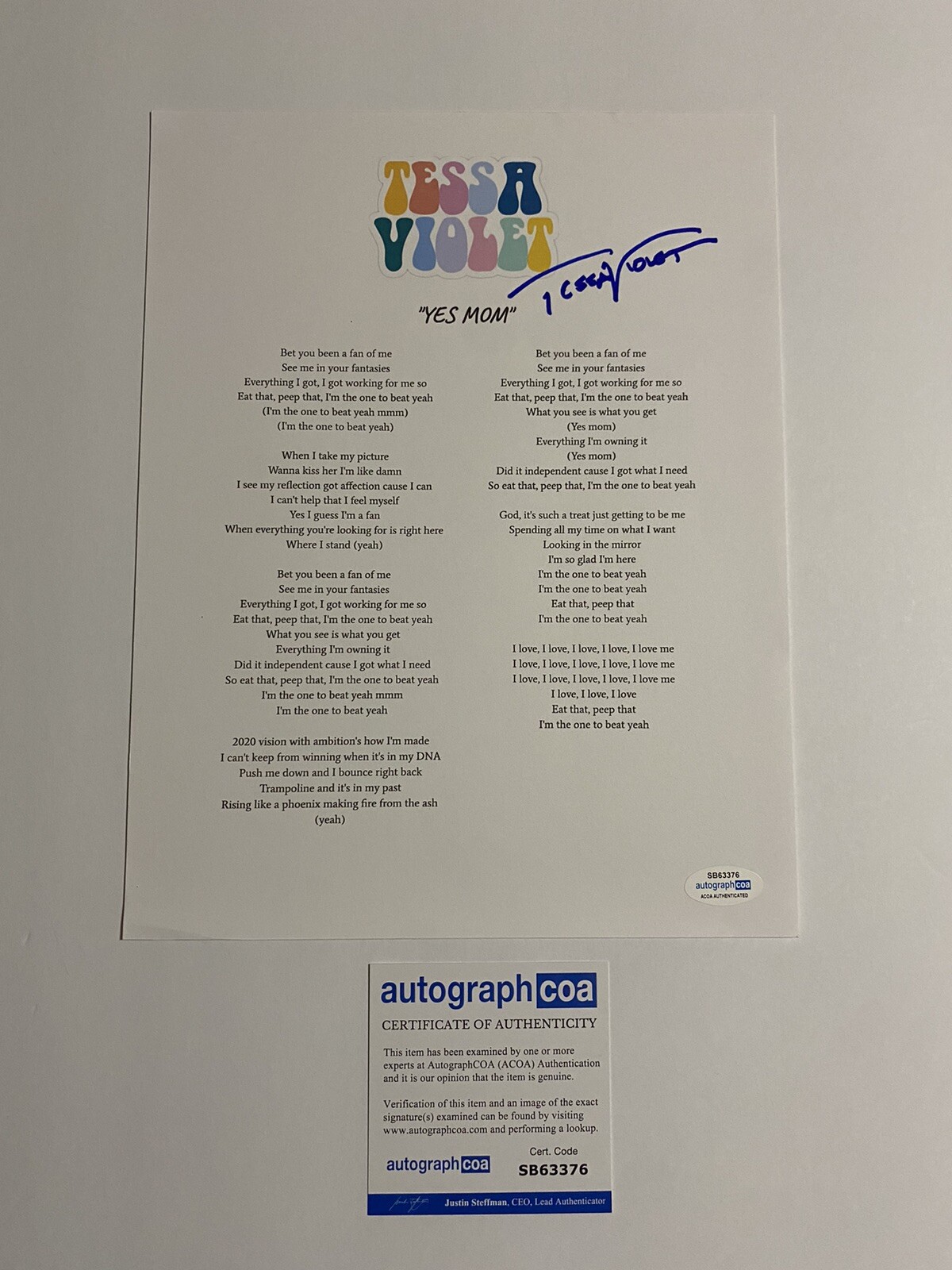 Tessa Violet pop singer signed autographed Lyric sheet ‘Yes Mom’ ACOA
