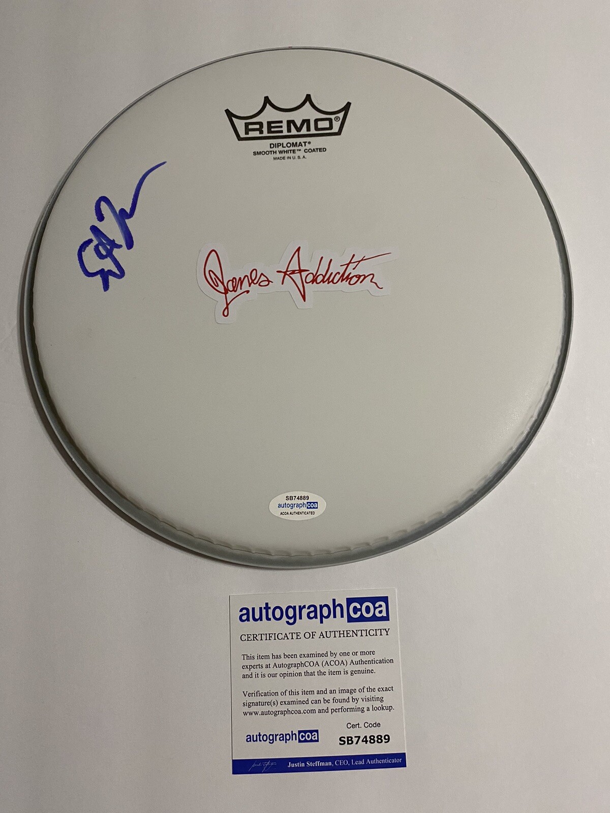 STEPHEN PERKINS JANE’S ADDICTION DRUMMER SIGNED AUTOGRAPHED DRUMHEAD ACOA COLLECTIBLE MEMORABILIA