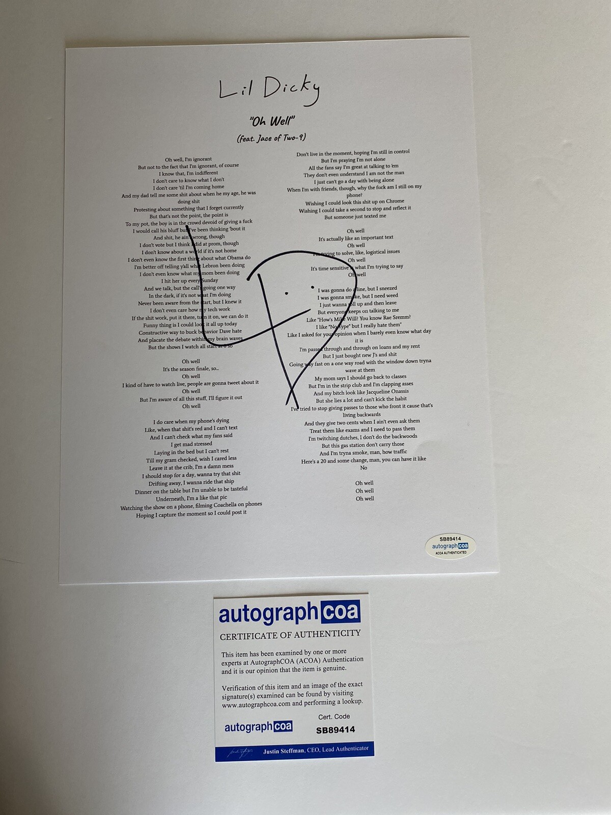 Lil Dicky ‘Oh Well’ signed autographed Lyric sheet music ACOA Dave Burd Rapper
