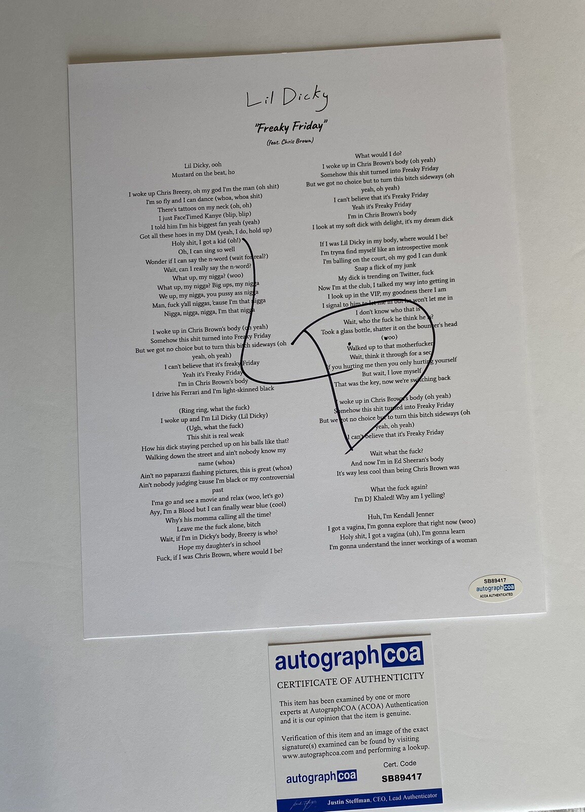 Lil Dicky ‘Freaky Friday’ signed autographed Lyric sheet music ACOA Dave Burd
