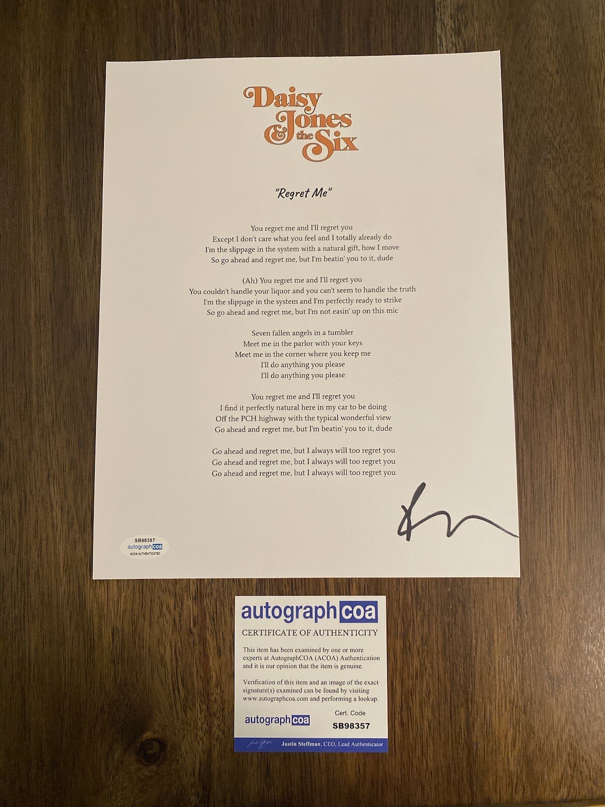 Riley Keough ‘Daisy Jones’ Signed Autograph ‘Regret Me’ Lyric Sheet ACOA
