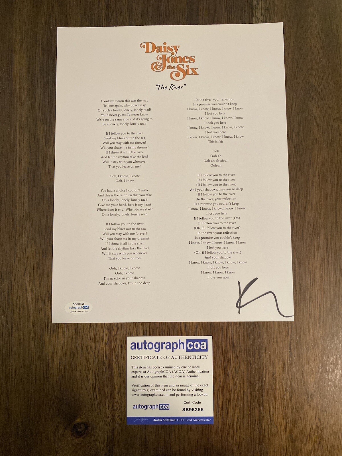 Riley Keough ‘Daisy Jones’ Signed Autograph ‘The River’ Lyric Sheet ACOA
