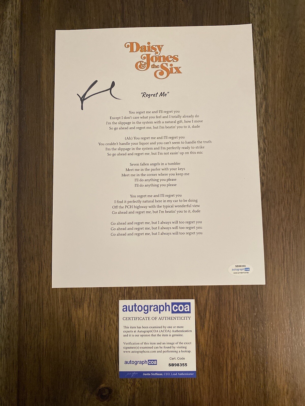 Riley Keough ‘Daisy Jones’ Signed Autograph ‘Regret Me’ Lyric Sheet ACOA
