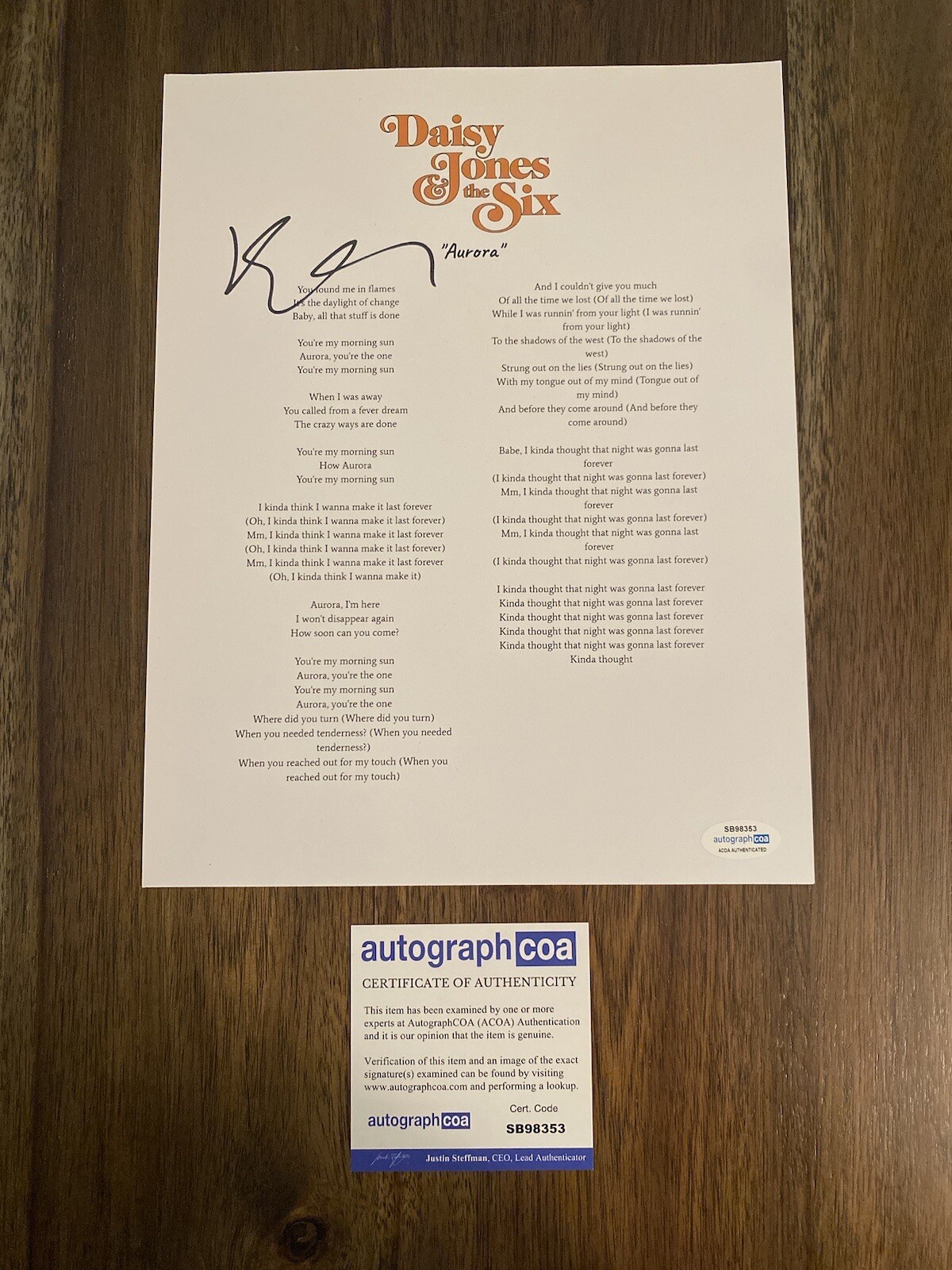 Riley Keough ‘Daisy Jones’ Signed Autograph ‘Aurora’ Lyric Sheet ACOA
