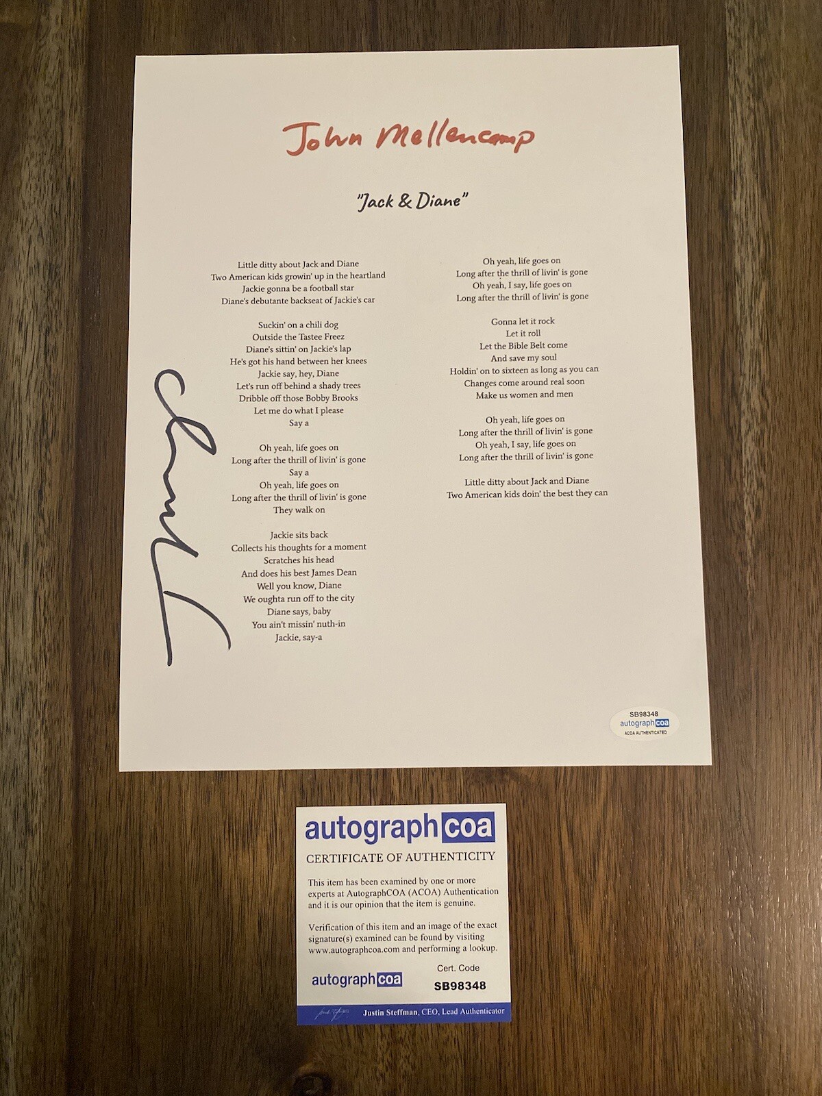 JOHN COUGAR MELLENCAMP SIGNED AUTOGRAPH ‘Jack And Diane’ Lyric Sheet ACOA PROOF

