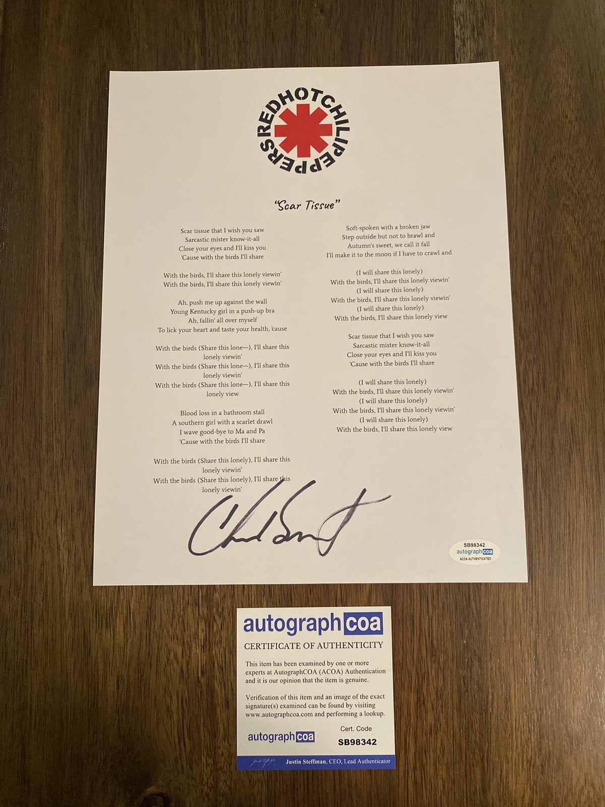 CHAD SMITH RED HOT CHILI PEPPERS ‘SCAR TISSUE’ LYRIC SHEET DRUMMER ACOA COLLECTIBLE MEMORABILIA
