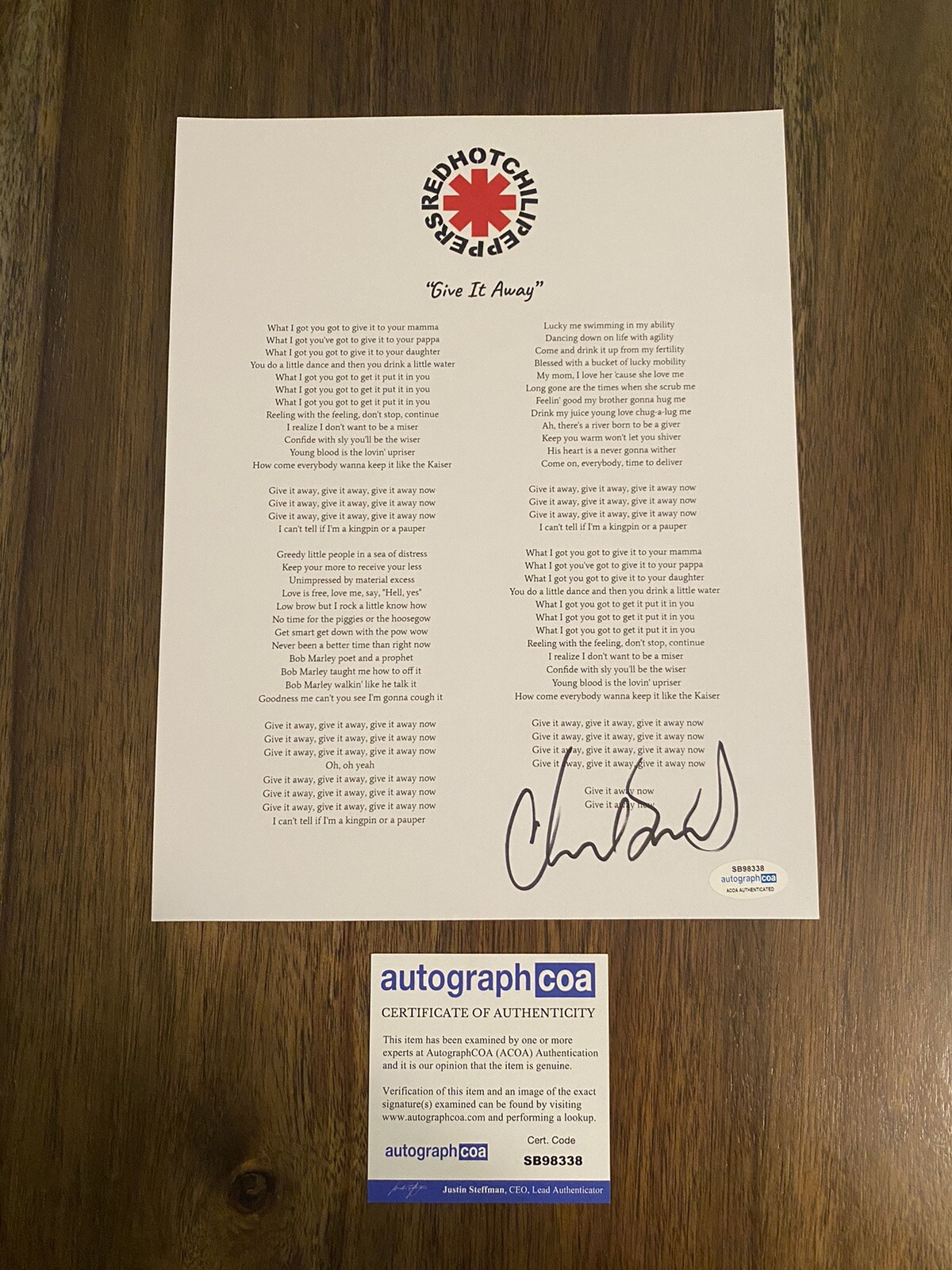 Chad Smith Red Hot Chili Peppers ‘Give It Away’ Lyric Sheet Drummer ACOA
