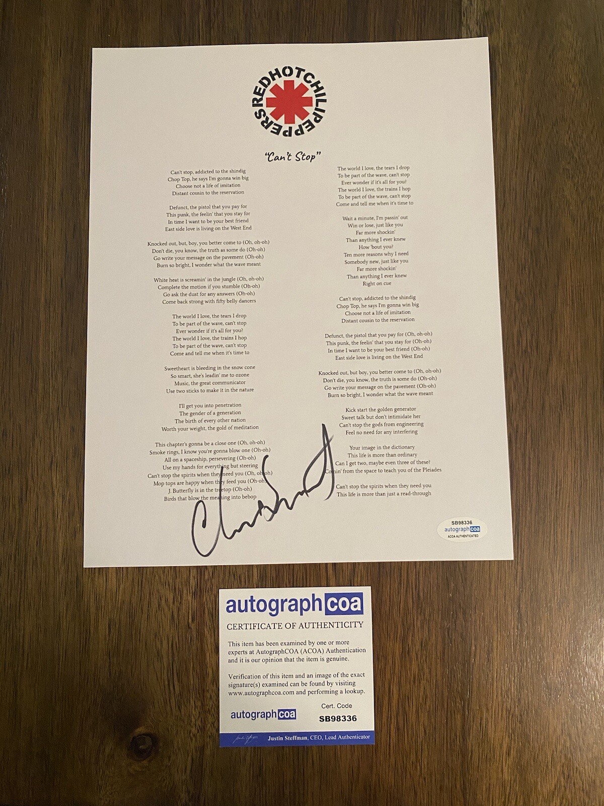 CHAD SMITH RED HOT CHILI PEPPERS ‘CAN’T STOP’ LYRIC SHEET DRUMMER ACOA COLLECTIBLE MEMORABILIA