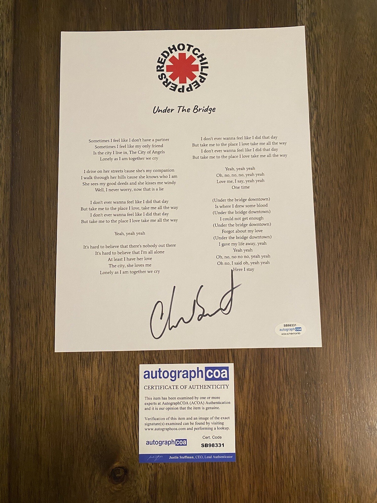 CHAD SMITH RED HOT CHILI PEPPERS ‘UNDER THE BRIDGE’ LYRIC SHEET DRUMMER ACOA COLLECTIBLE MEMORABILIA