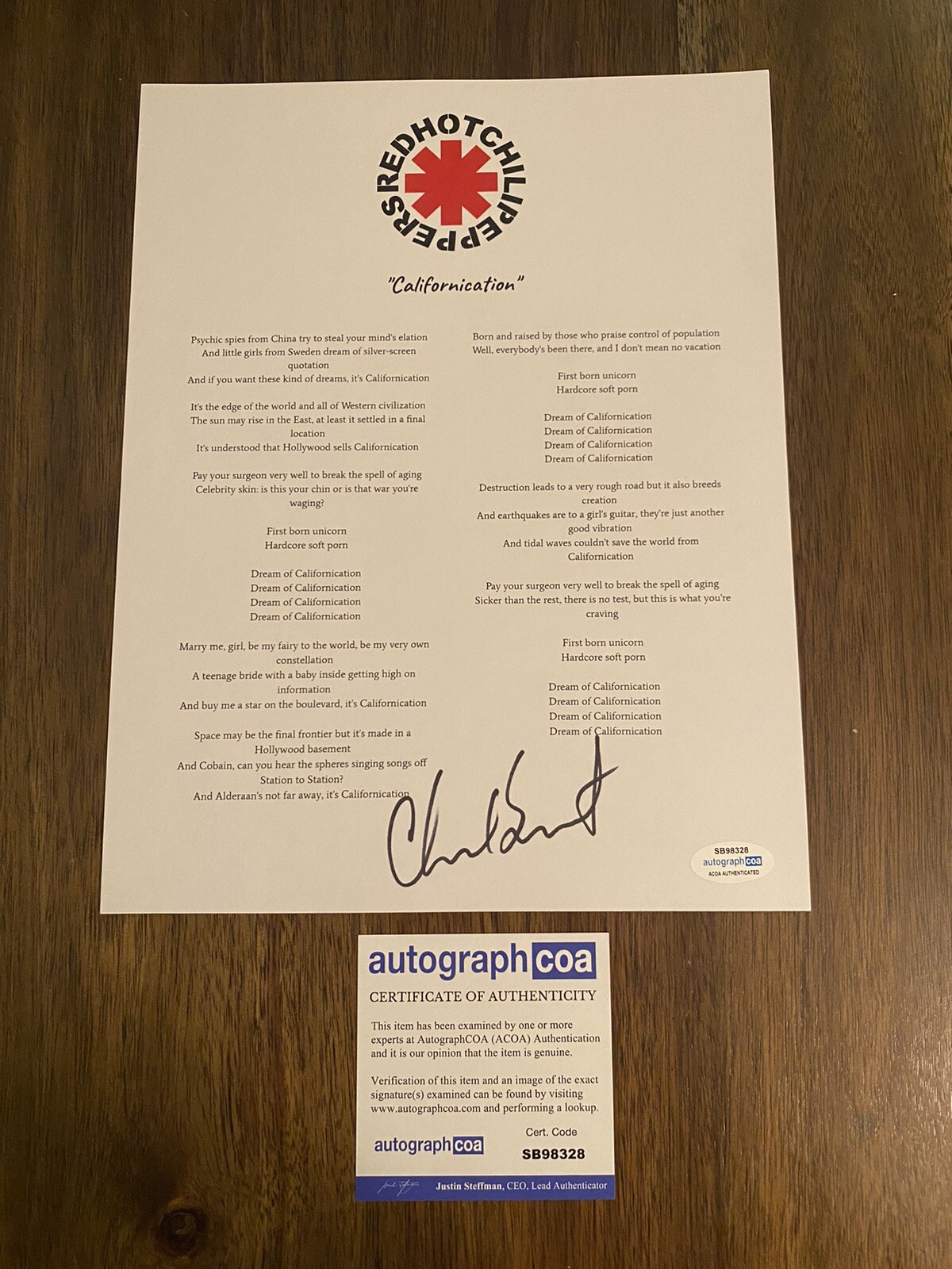 CHAD SMITH RED HOT CHILI PEPPERS ‘CALIFORNICATION’ LYRIC SHEET DRUMMER ACOA COLLECTIBLE MEMORABILIA