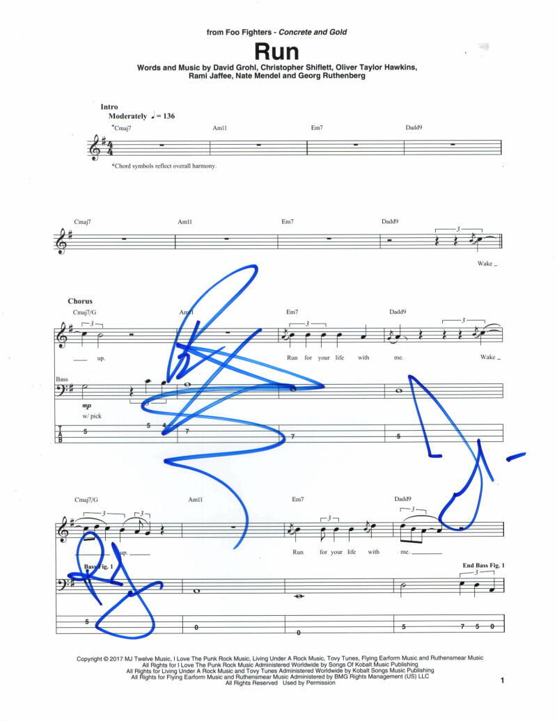 TAYLOR HAWKINS, PAT SMEAR & RAMI SIGNED AUTOGRAPH RUN SHEET MUSIC - FOO FIGHTERS