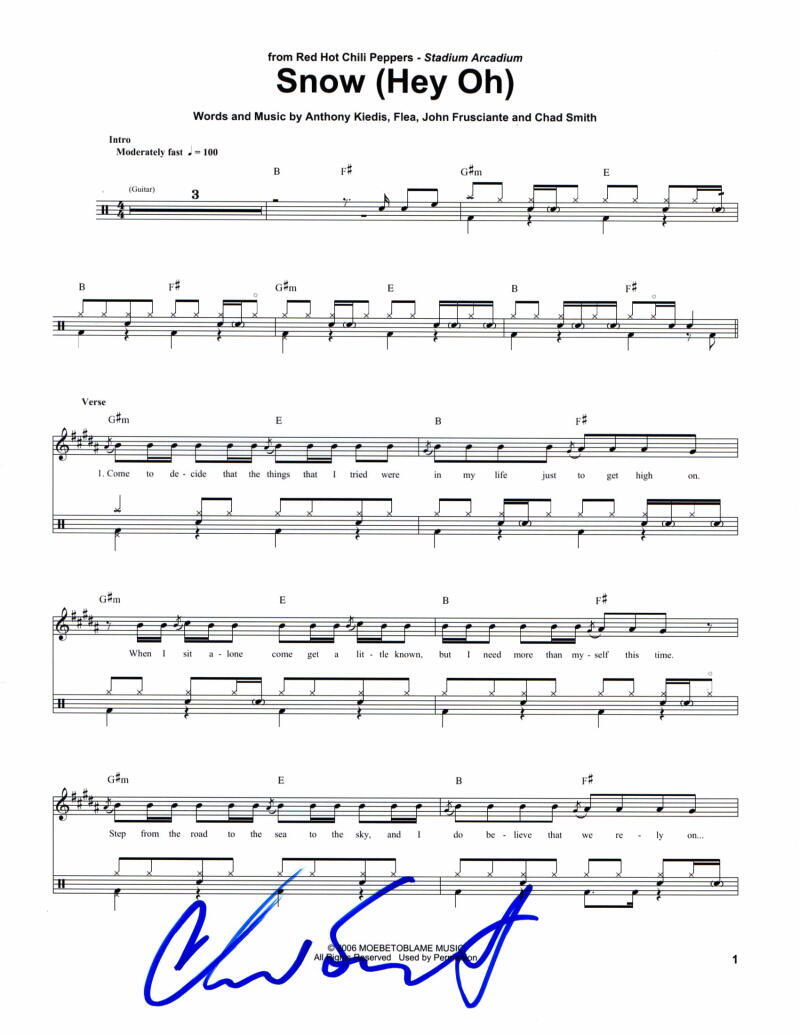CHAD SMITH SIGNED AUTOGRAPH SNOW (HEY OH) SHEET MUSIC RED HOT CHILI PEPPERS RARE
