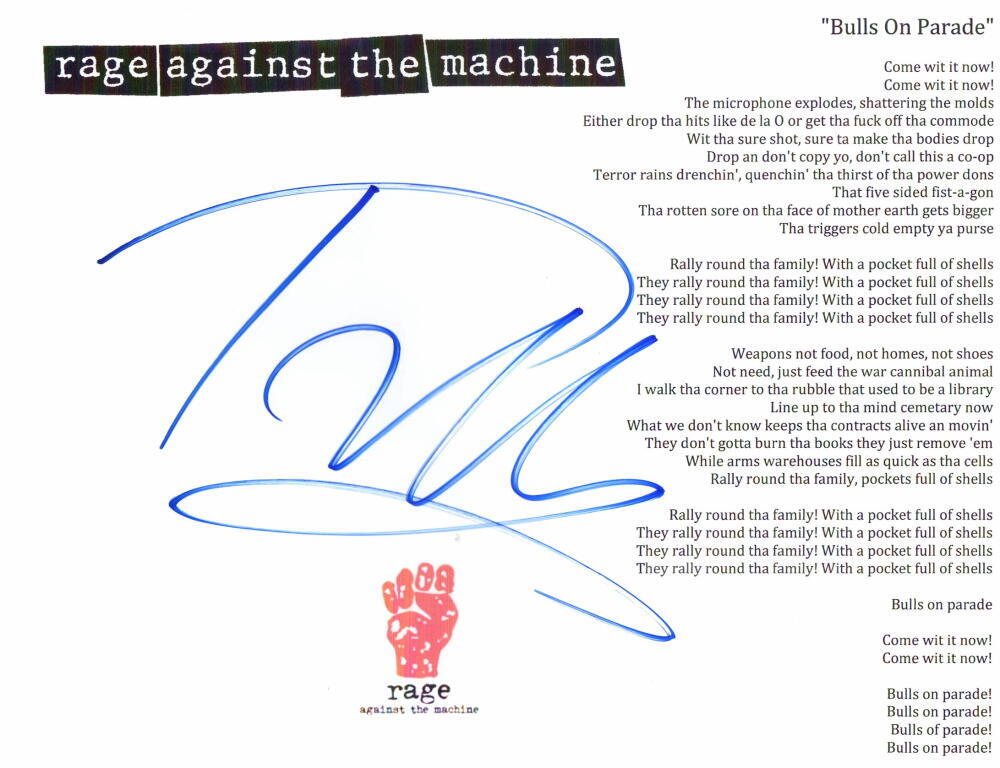 TOM MORELLO SIGNED AUTOGRAPH BULL ON PARADE LYRIC SHEET RAGE AGAINST THE MACHINE COLLECTIBLE MEMORABILIA