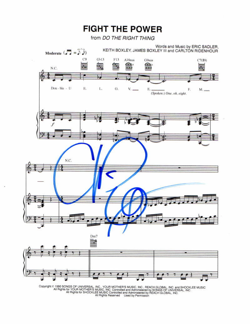 Chuck D Public Enemy Signed Autograph Fight the Power Sheet Music - Rare