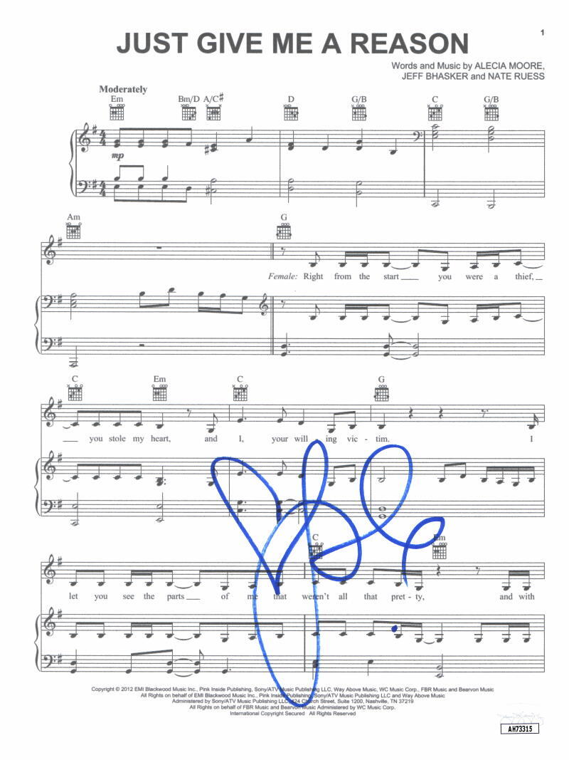 Pink P!nk Signed Autograph Just Give Me A Reason Sheet Music - Trustfall JSA COA
