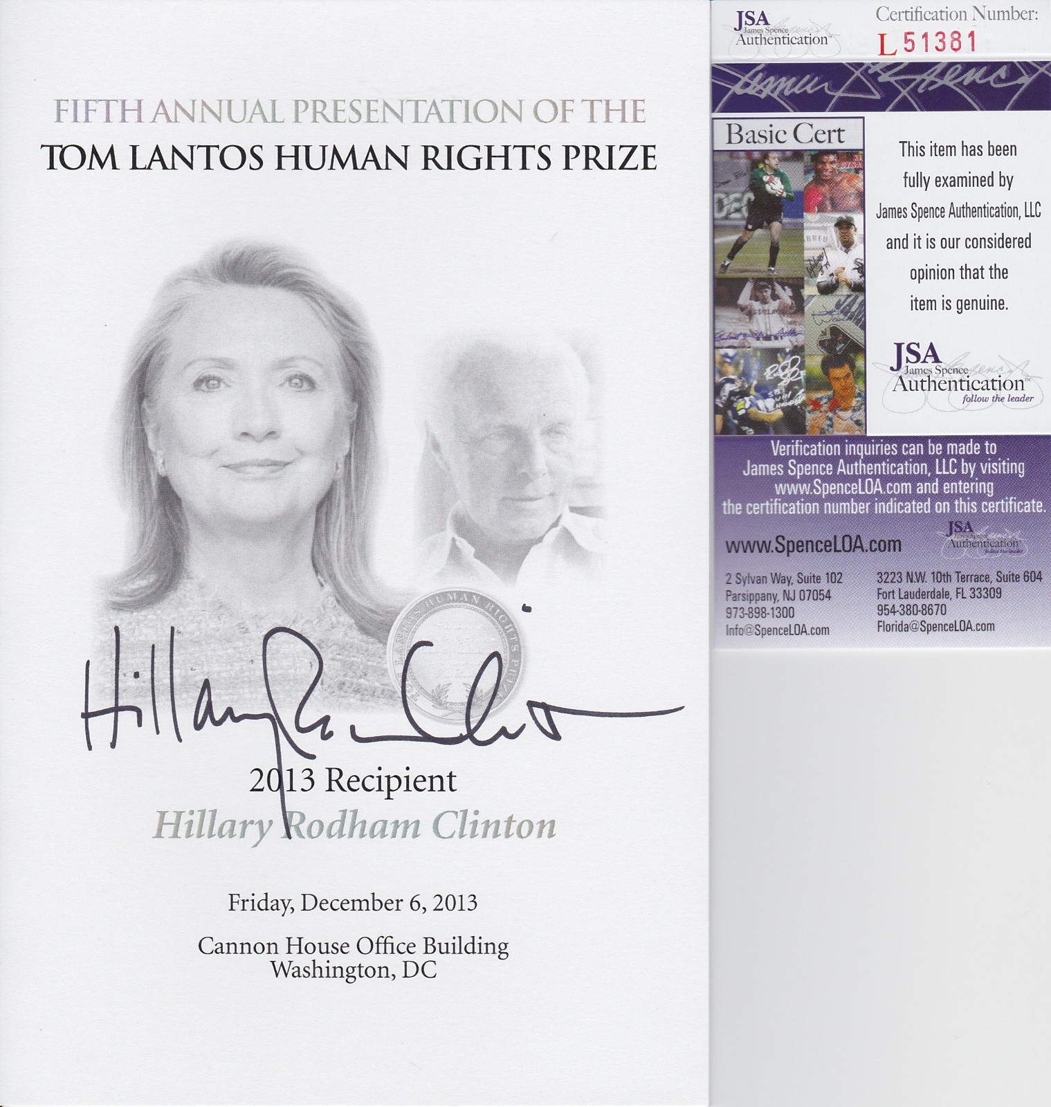 Hillary Clinton Signed Program w/ JSA COA # L51381 PROOF Tom Lantos Human Rights
