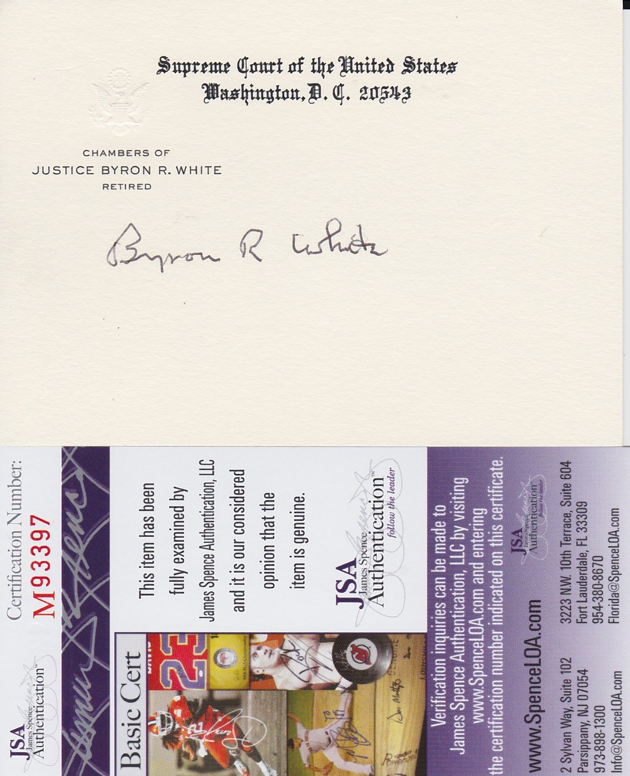 Byron White Signed Chambers Card w/ JSA COA #M93397 Supreme Court Justice