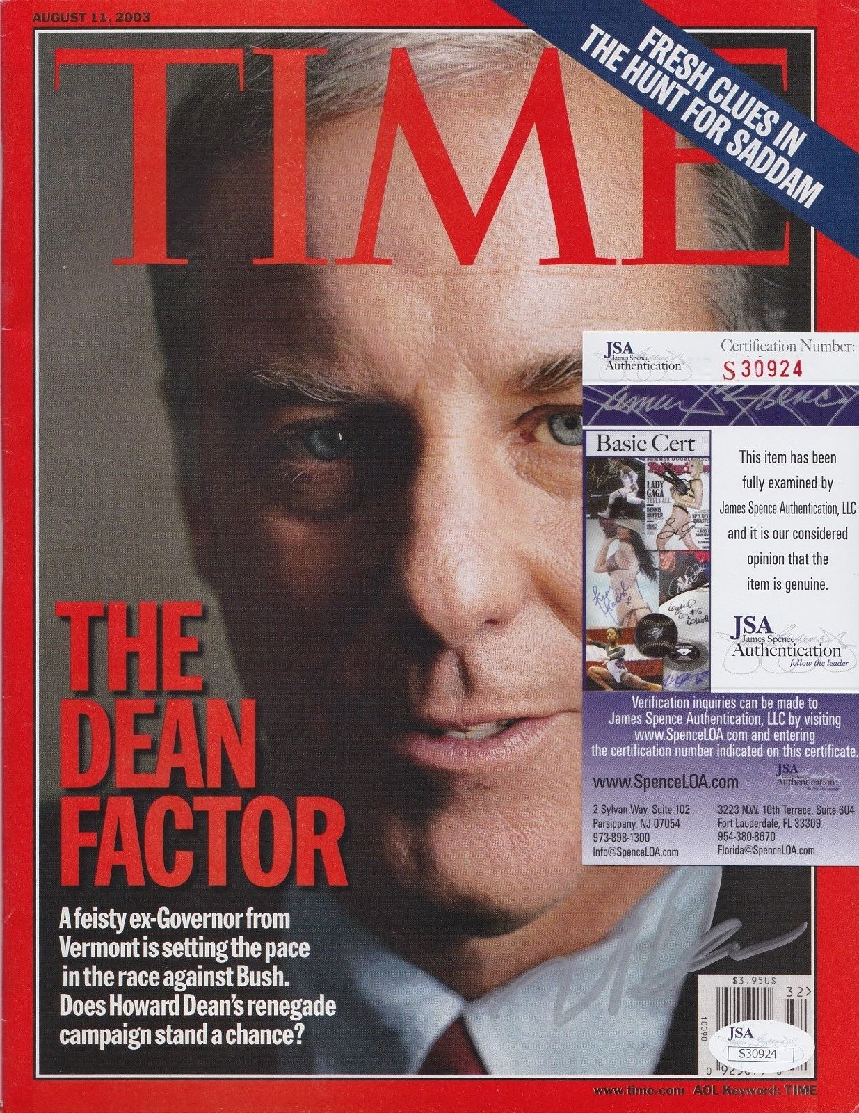 Howard Dean Signed Time Magazine w/ JSA COA #S30924