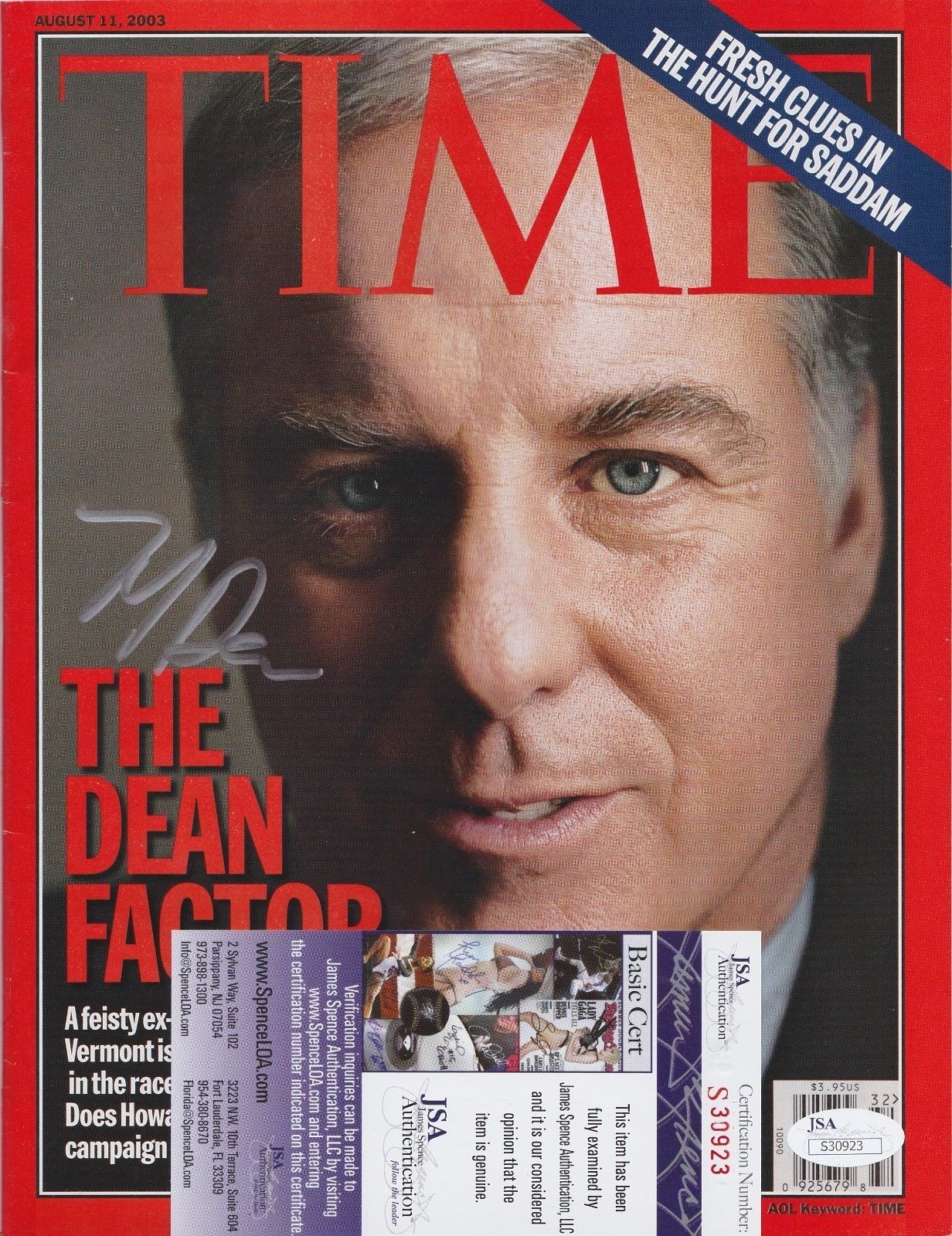 Howard Dean Signed Time Magazine w/ JSA COA #S30923