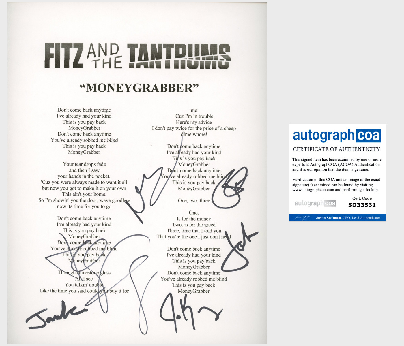 FITZ AND & THE TANTRUMS SIGNED AUTOGRAPH MONEYGRABBER LYRIC SHEET ALL 6 w/PROOF
