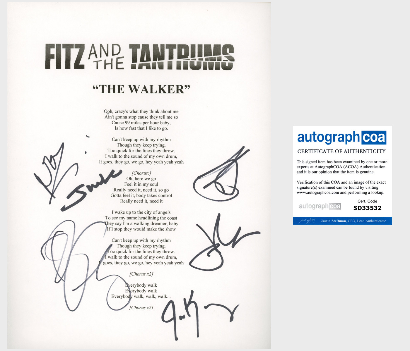 FITZ AND & THE TANTRUMS SIGNED AUTOGRAPH THE WALKER LYRIC SHEET ALL 6 w/PROOF
