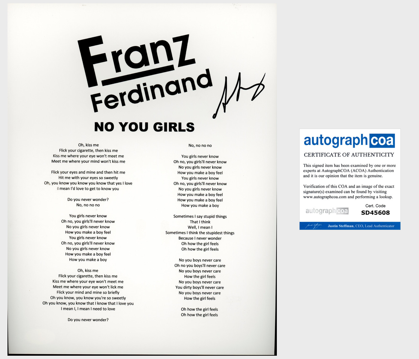ALEX KAPRANOS SIGNED AUTOGRAPH FRANZ FERDINAND NO YOU GIRLS LYRIC SHEET W/PROOF COLLECTIBLE MEMORABILIA