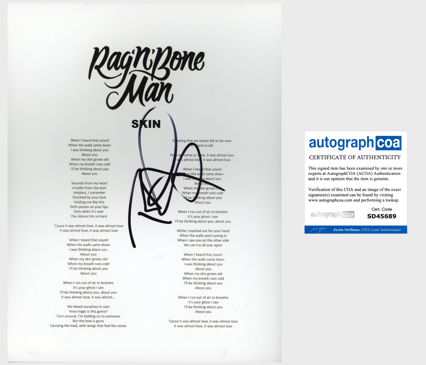 RAG'N'BONE MAN RORY GRAHAM SIGNED AUTOGRAPH SKIN LYRICS SHEET w/EXACT PROOF
