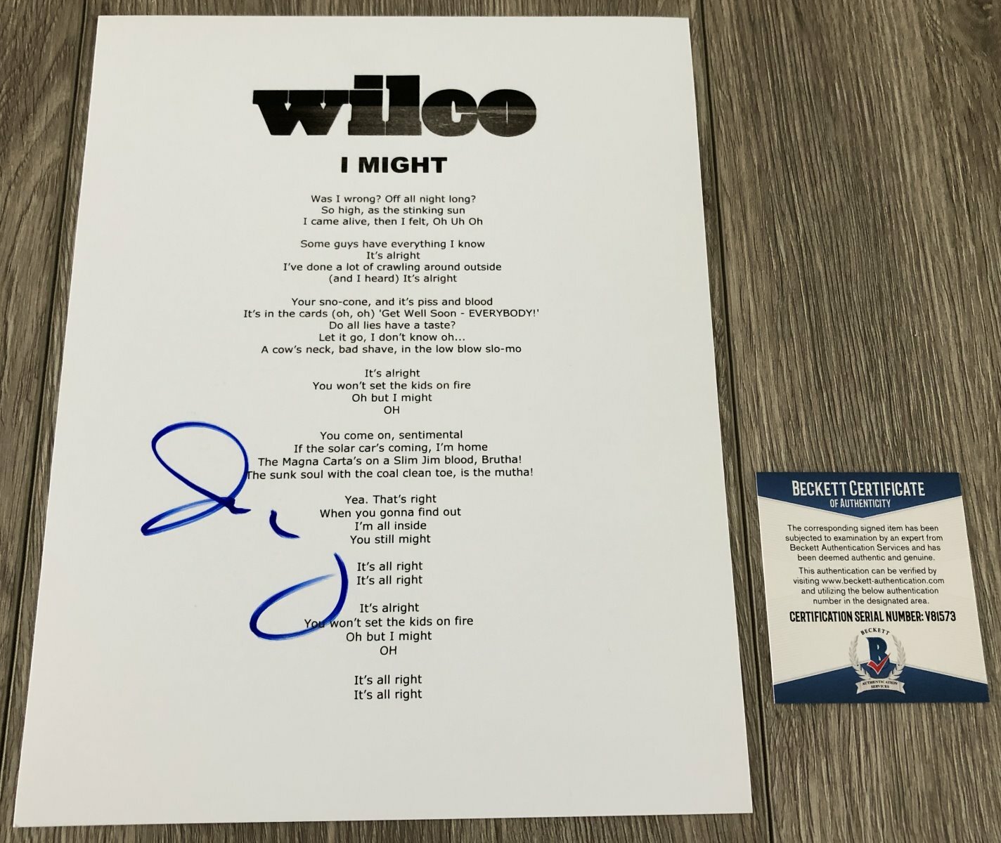 JEFF TWEEDY SIGNED WILCO I MIGHT LYRICS SHEET w/EXACT PROOF & BECKETT BAS COA
